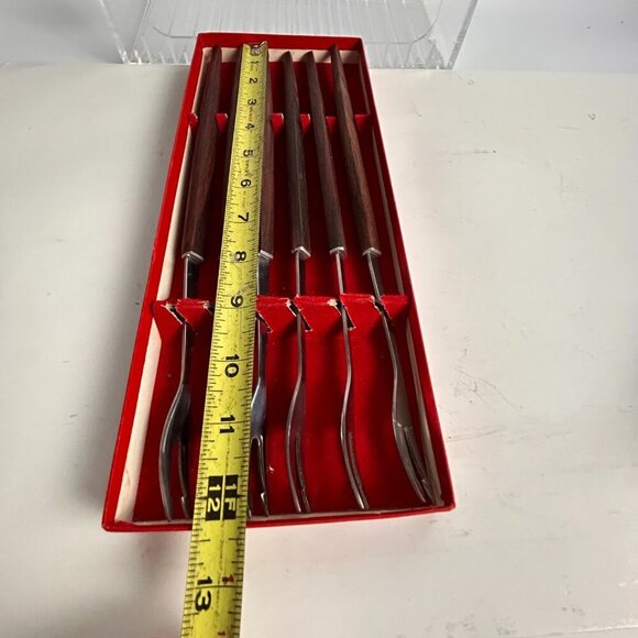 Set of 6 Teak Wood Handle Fondue Forks 12" Japan MCM Bar BBQ Smores 1960s - Picture 10 of 10
